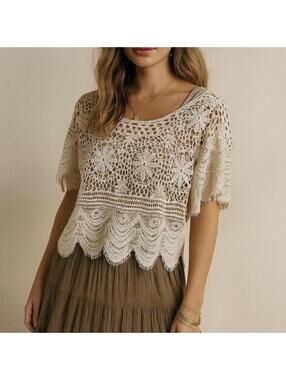 Rebellion Cream Vintage Y2K Style Boho Festival Crochet Crop Top- Size Medium